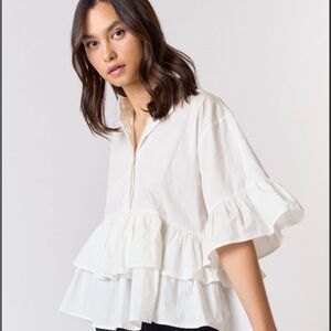White ruffle, detailed half button up shirt